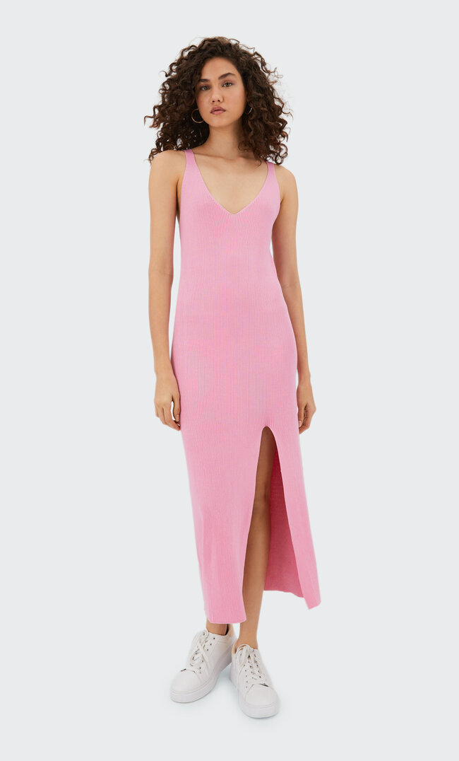 Stradivarius Langes Strickkleid Kaugummirosa Xl