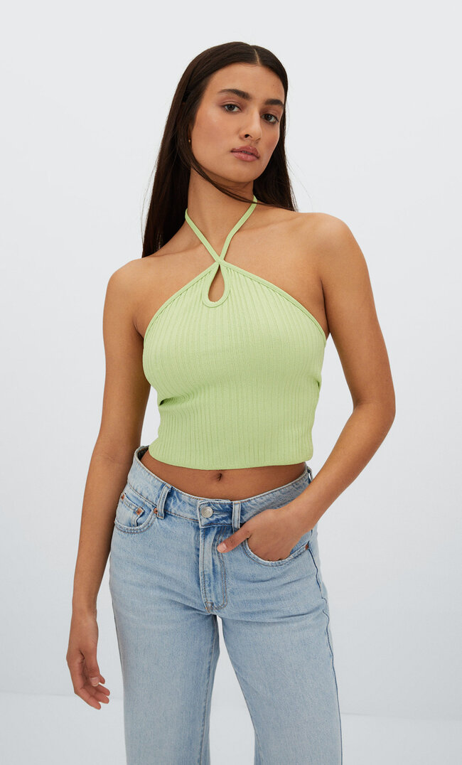 Stradivarius Top Z Dekoltem Halter W Rustykalnym Stylu Pistacjowy Xs
