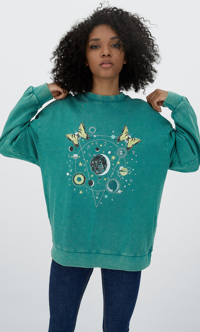 Stradivarius Oversized Printed Sweatshirt Green L