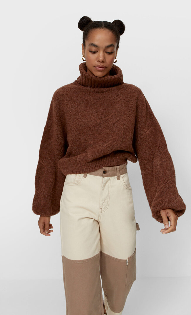 Stradivarius Cable Knit High Neck Sweater Terracotta L