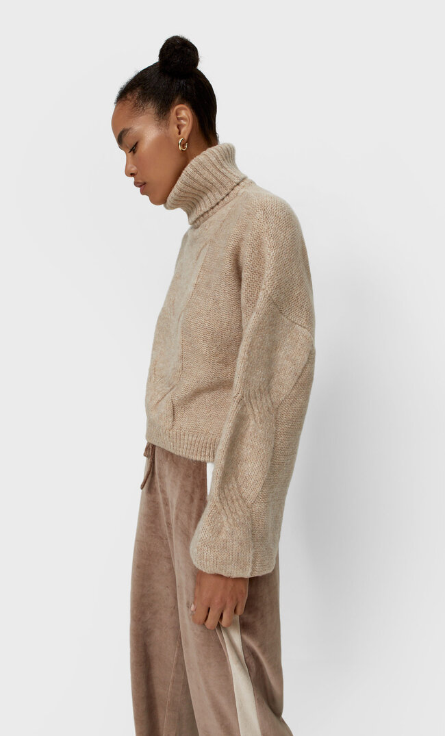 Stradivarius Cable Knit High Neck Sweater Stone M