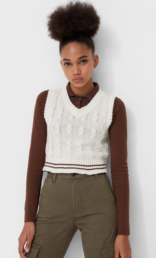 Stradivarius Cable-Knit Vest Beige L