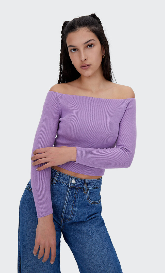 Stradivarius Knit Balcolette Sweater Mauve S