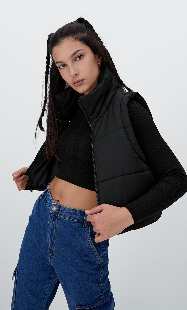 Stradivarius Vestă Matlasată Satinată Negru S Stradivarius imagine megaplaza.ro