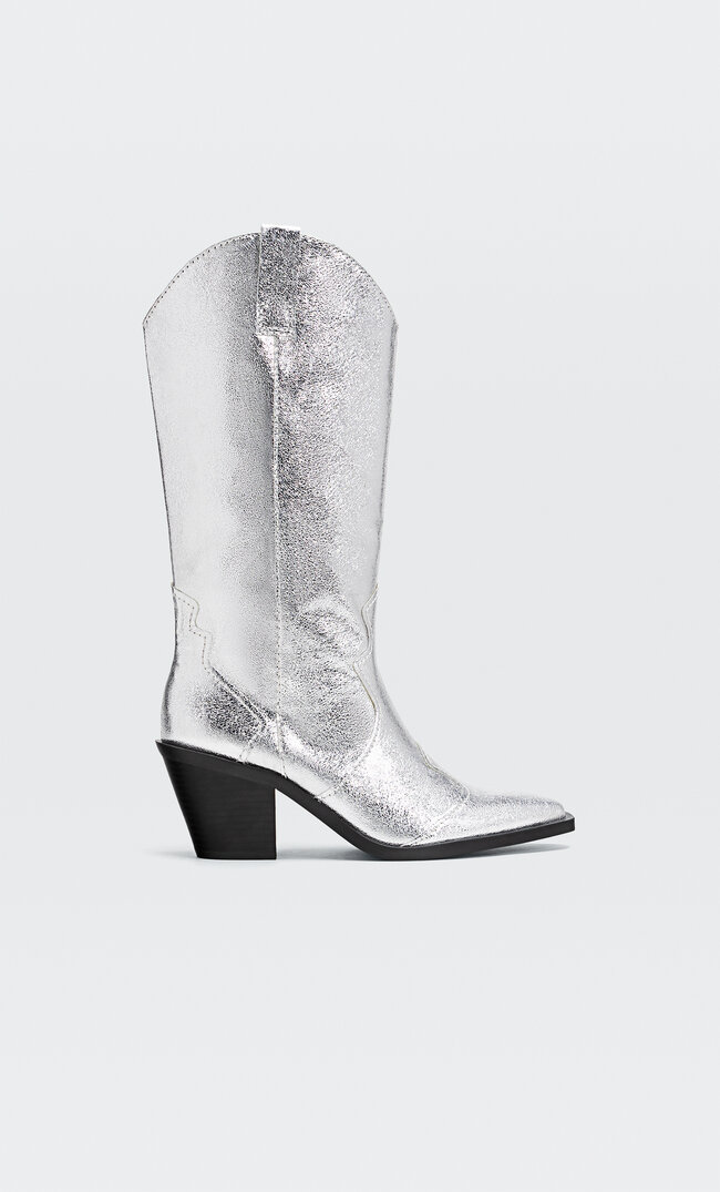 Stradivarius Bottes À Talon Style Cowboy Argent 39