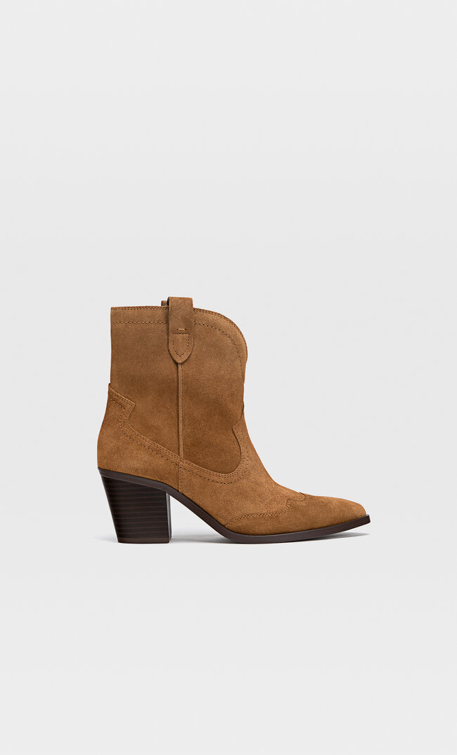 Stradivarius Leather Cowboy Ankle Boots Tan 8