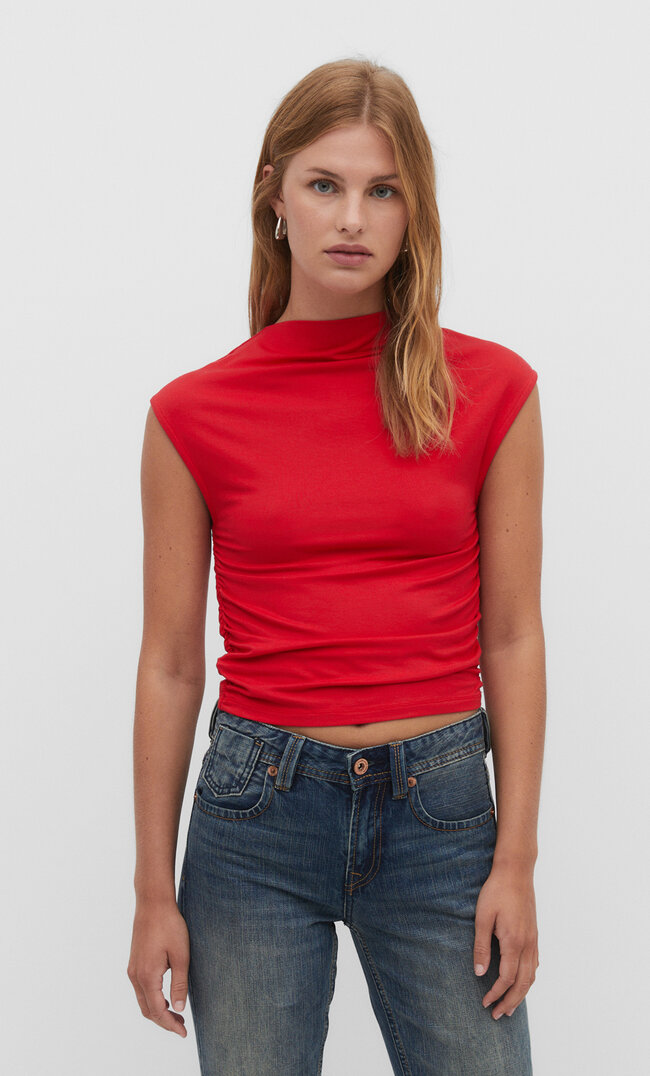 Stradivarius Shirt aus Viskose Gathering Rot XL