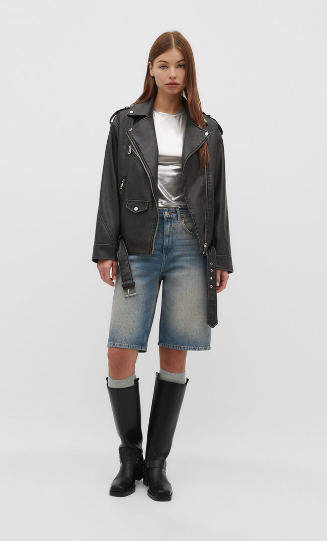 Stradivarius Blouson motard long en similicuir  Gris marengo M