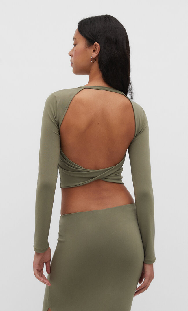 Stradivarius Langarmshirt mit Rückenausschnitt Khaki M