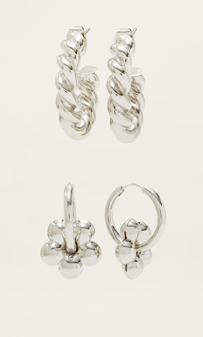 Stradivarius 2er-Set Reifohrringe Und Ohrringe Mit Blumen Grau M