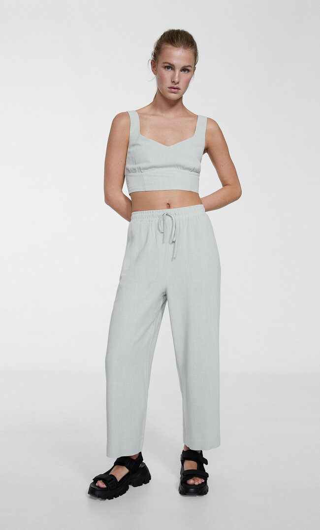 Stradivarius Spodnie Culotte Z Mieszanki Lnu Zielony S