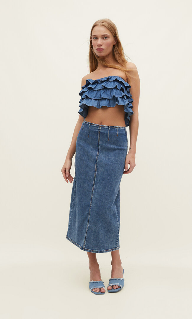 Stradivarius Fustă Midi Din Denim Stretch Denim Albastru Închis Mediu 40