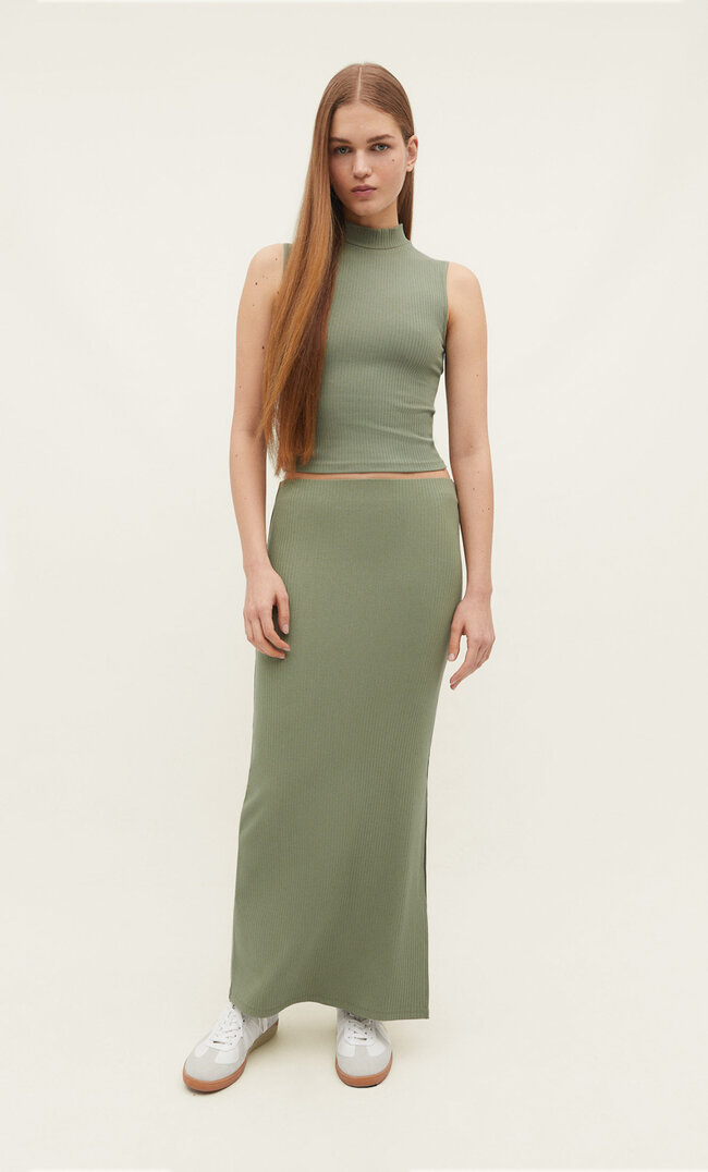 Stradivarius Gerippter Midirock Khaki M