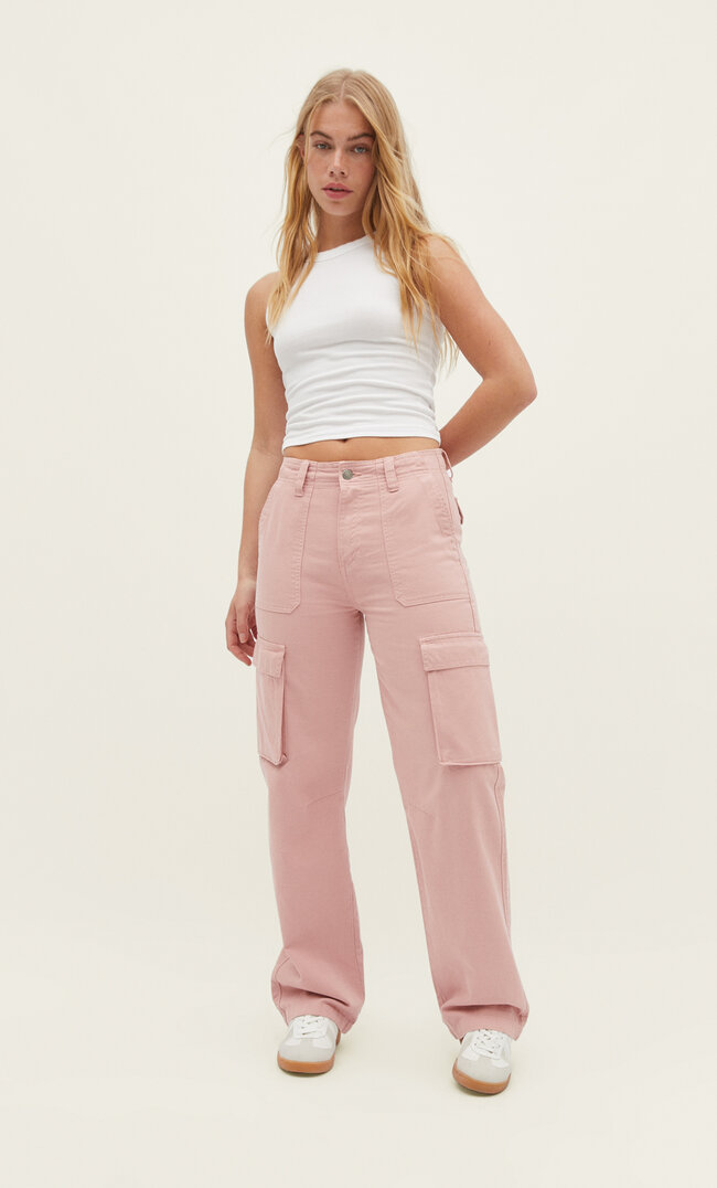 Stradivarius relaxed fit cargo trousers dusty rose 14