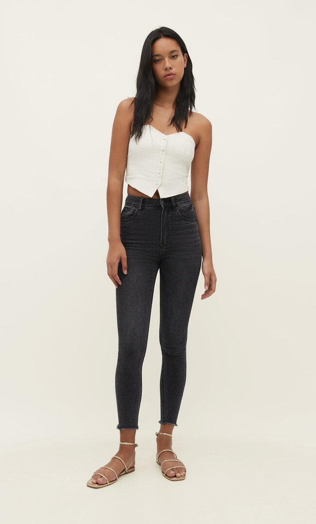Stradivarius Blugi Skinny Cu Talie Foarte Înaltă Denim Negru Prespălat 40 Blugi imagine reduceri