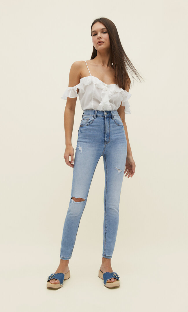 Stradivarius Blugi Skinny Cu Talie Foarte Înaltă Denim Negru Prespălat 42 Blugi imagine reduceri