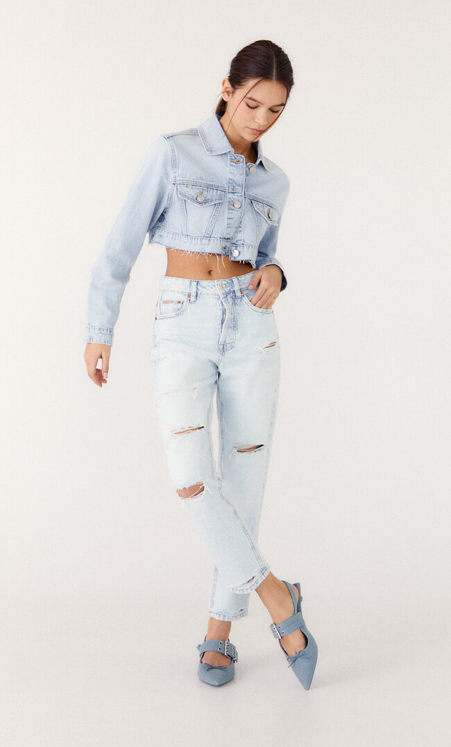 Stradivarius 1460 Mom-Fit-Jeans Perlgrau 44