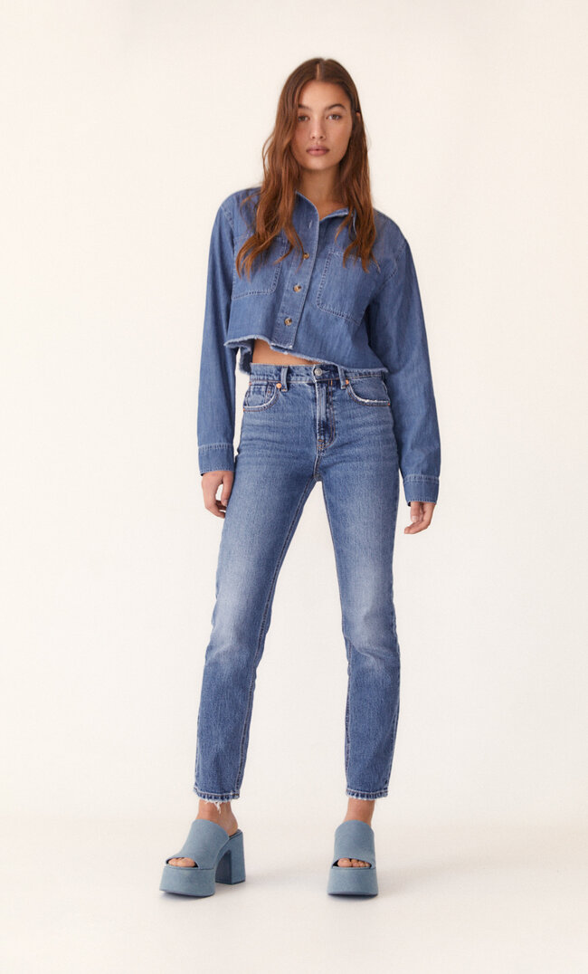 Stradivarius Blugi Slim Straight Fit Denim Albastru Închis Mediu 34 Albastru imagine reduceri