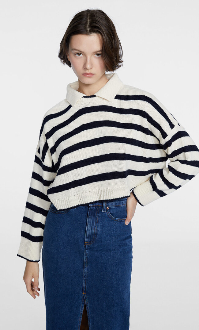 Stradivarius Sweter z dzianiny filcowanej z kołnierzykiem polo Waniliowy L
Stradivarius Sweter z dzianiny filcowanej z kołnierzykiem polo Waniliowy L