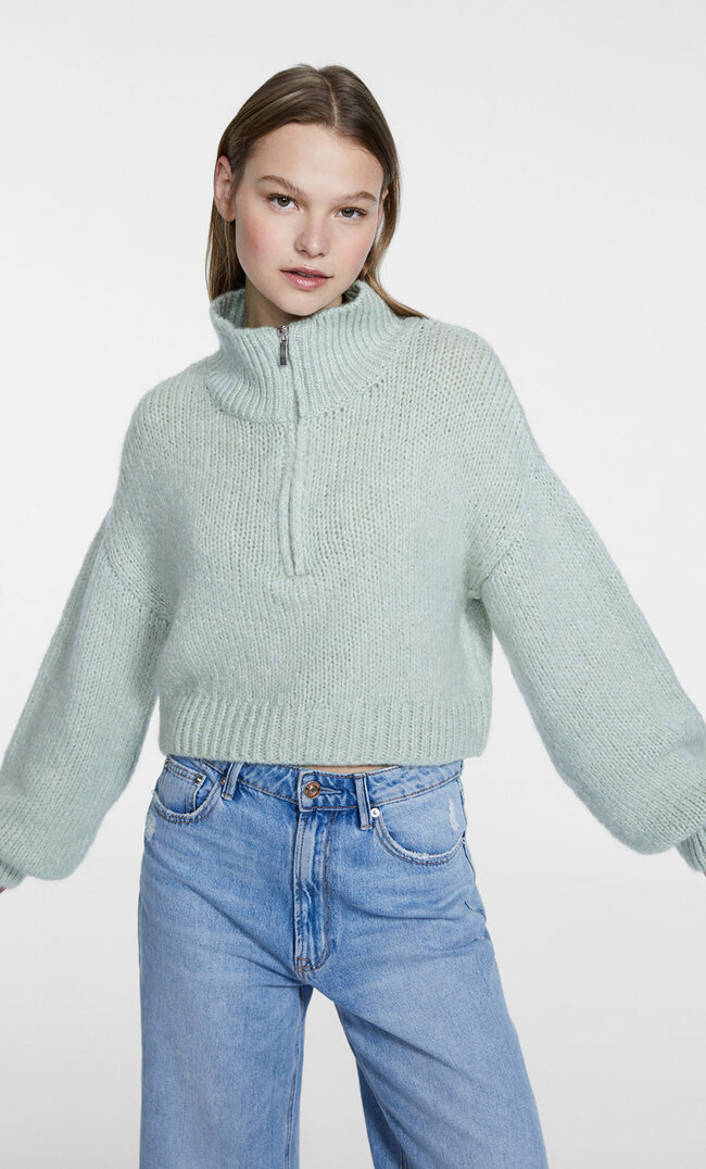 Stradivarius Sweter Z Dzianiny Z Suwakiem Zielony Xl