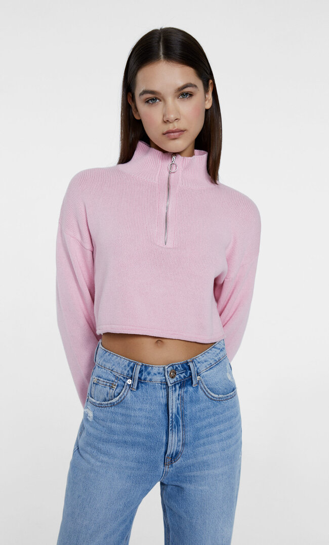 Stradivarius Krótki sweter z suwakiem Pastelowy róż XS