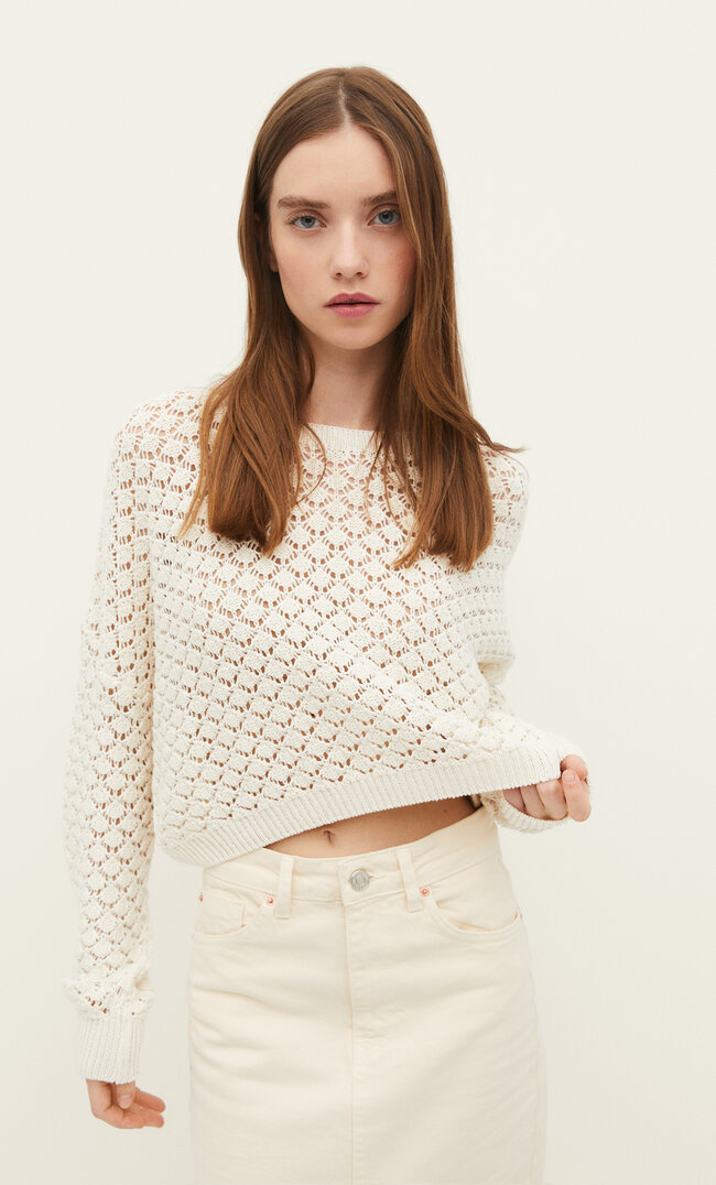 Stradivarius Strickpullover mit Lochmuster Vanille M