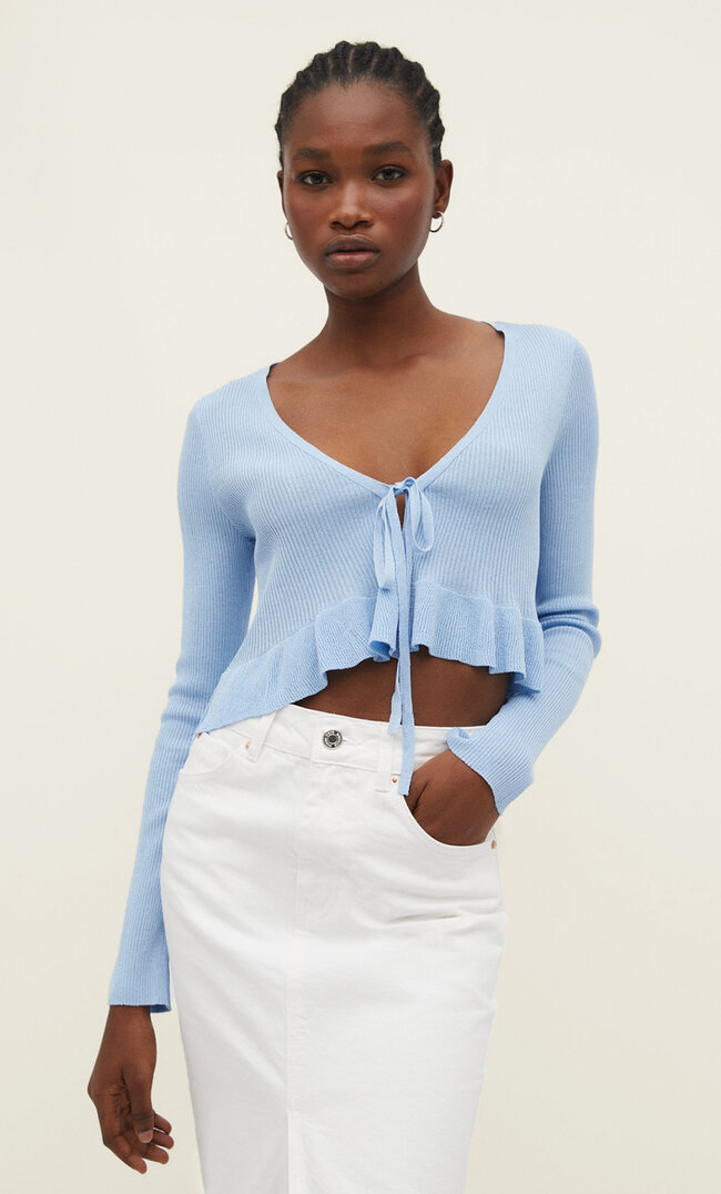 Stradivarius Strickcardigan mit glänzenden Volants Himmelblau XS