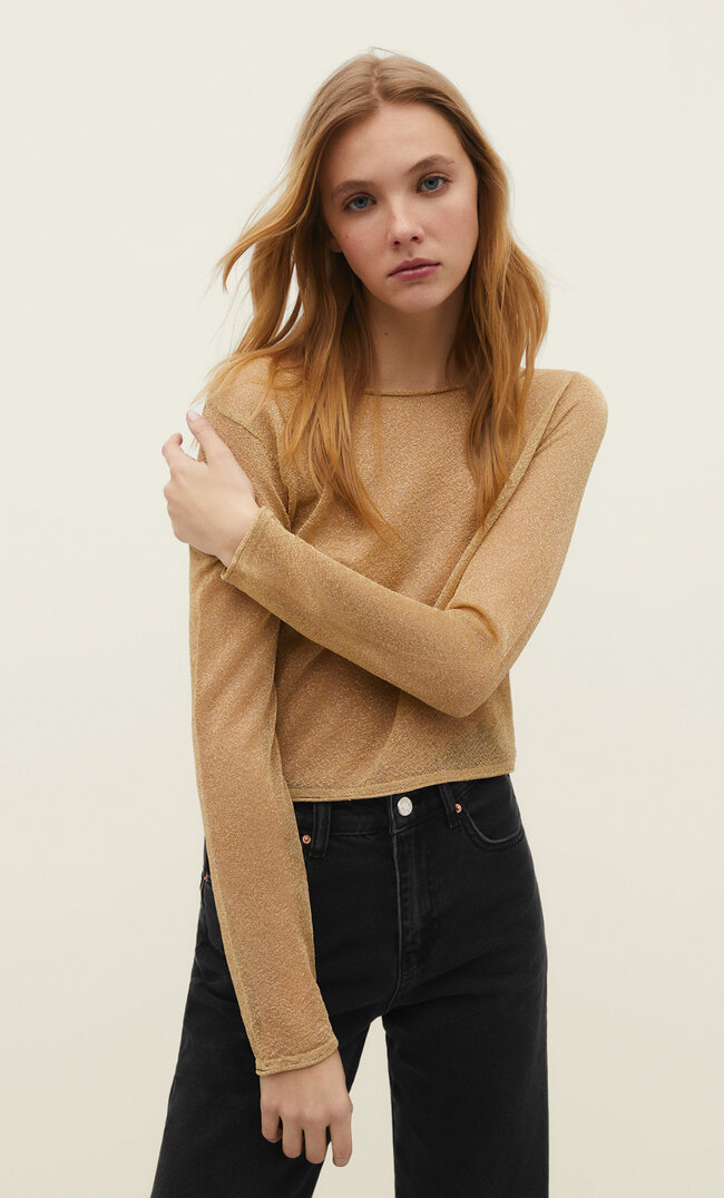 Stradivarius Transparenter Strickpullover Mit Glanzfinish Gelb Xl