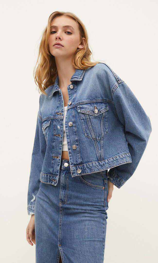 Stradivarius Cropped-Jeansjacke Dark Denim XS