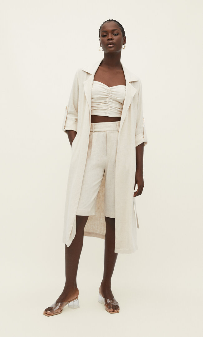 Stradivarius Langer Trenchcoat mit Leinenanteil Steingrau S