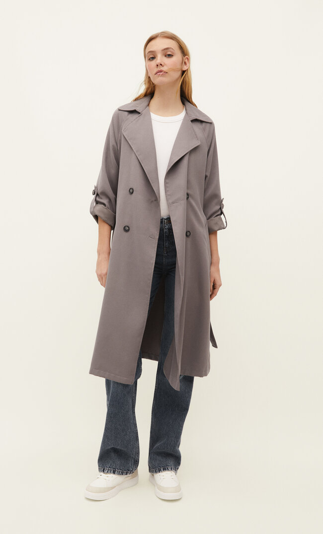 Stradivarius Langer Fließender Trenchcoat Graumeliert Xl
