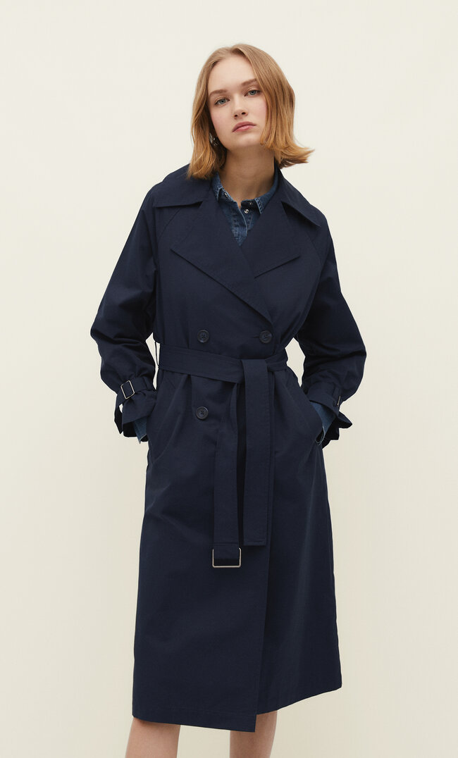 Stradivarius Langer Trenchcoat aus Funktionsstoff Marineblau XS