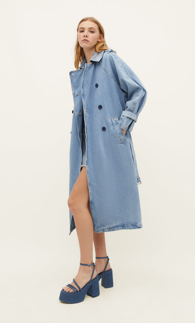 Stradivarius Denimowy Trencz Denimowy Średni Light Blue Xs