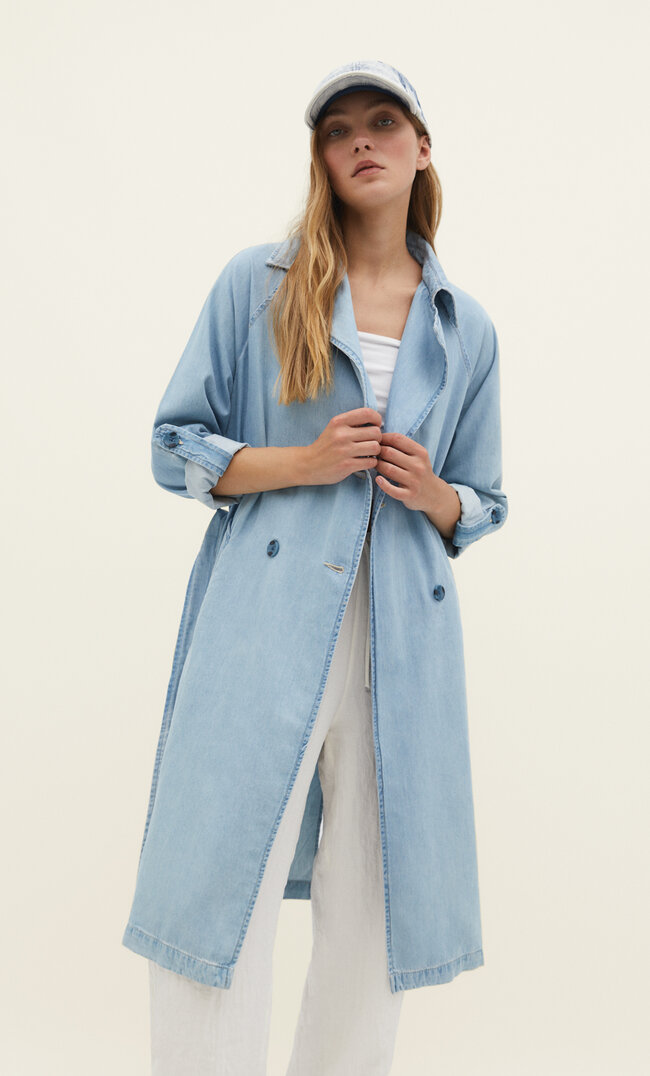 Stradivarius Langer, fließender Jeans-Trenchcoat Perlgrau XL