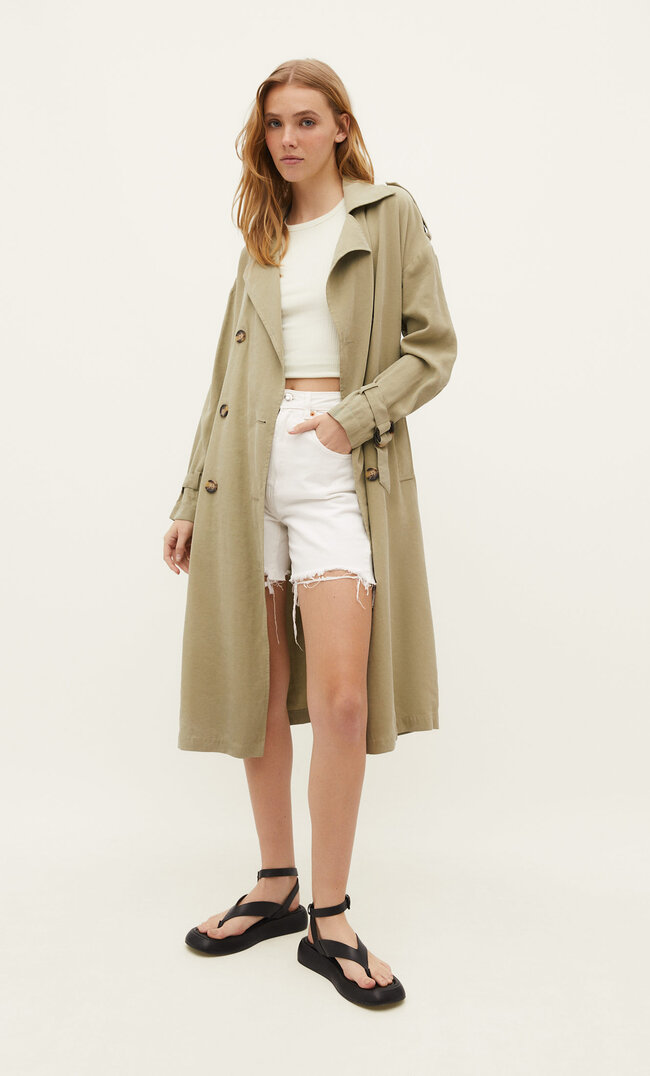 Stradivarius Langer Fließender Trenchcoat Khaki Xs