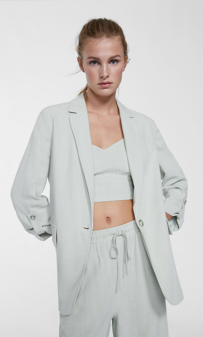Stradivarius Blazer im Straight-Fit mit Leinenanteil Grün M