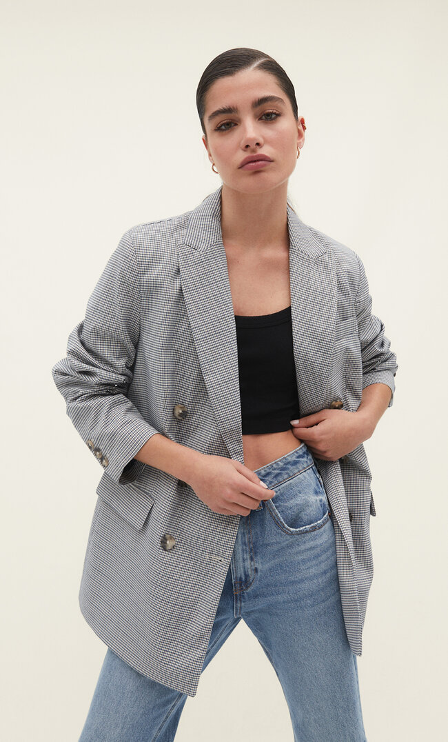 Stradivarius Langer Straight-Fit Blazer mit Karomuster Himmelblau M