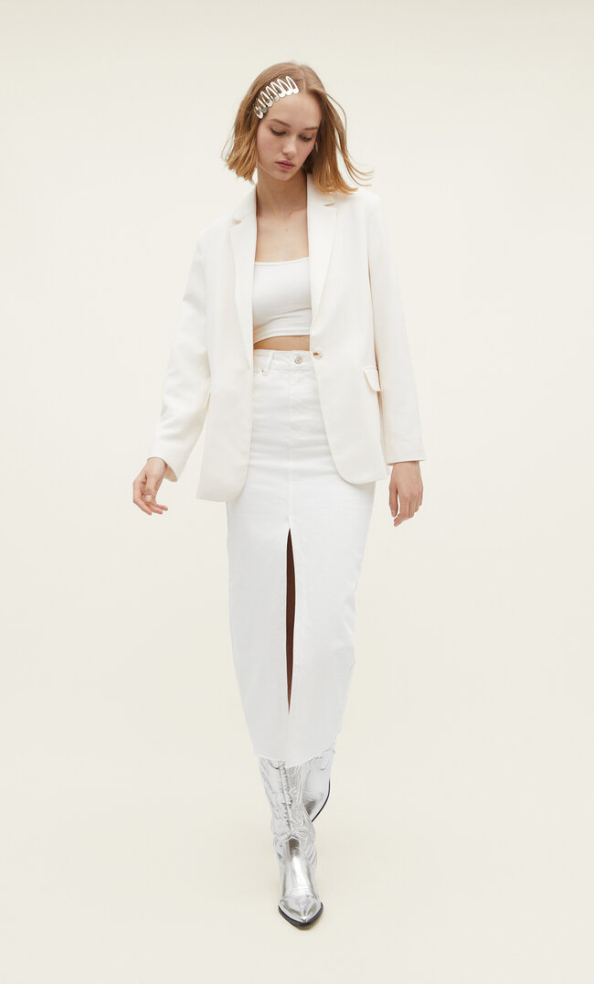 Stradivarius Blazer im Straight-Fit mit Fischgrätenmuster Ecru L