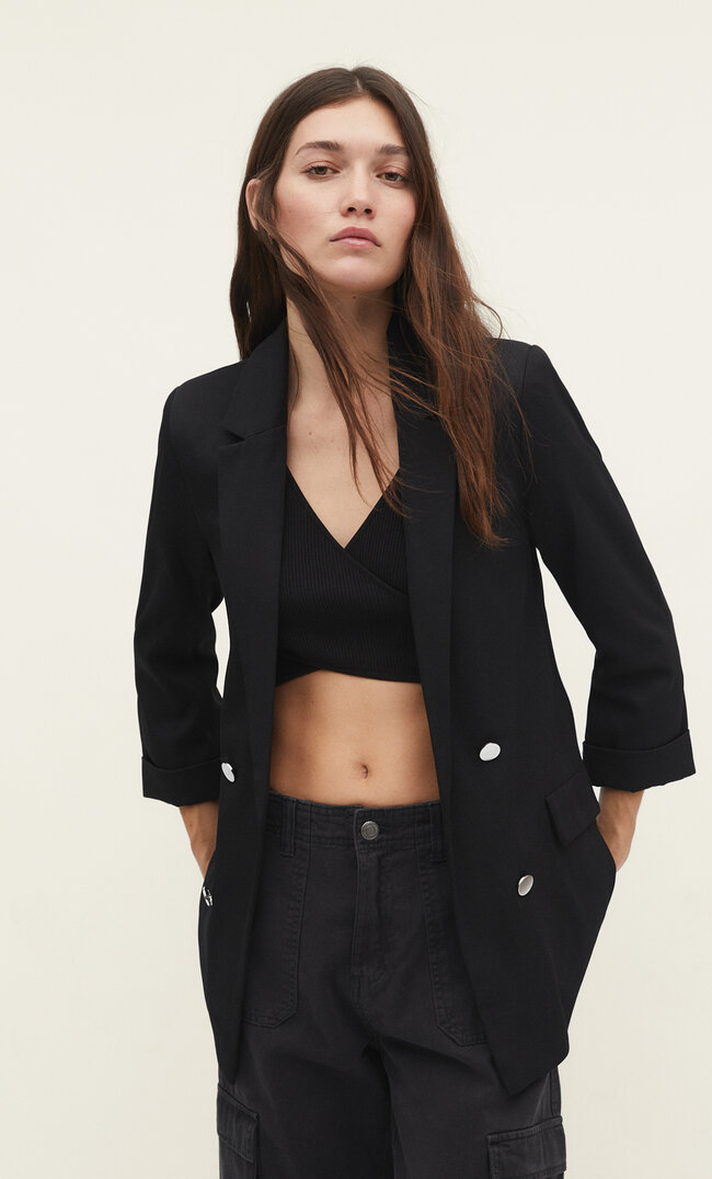 Stradivarius Zweireihiger, offener Blazer Schwarz S