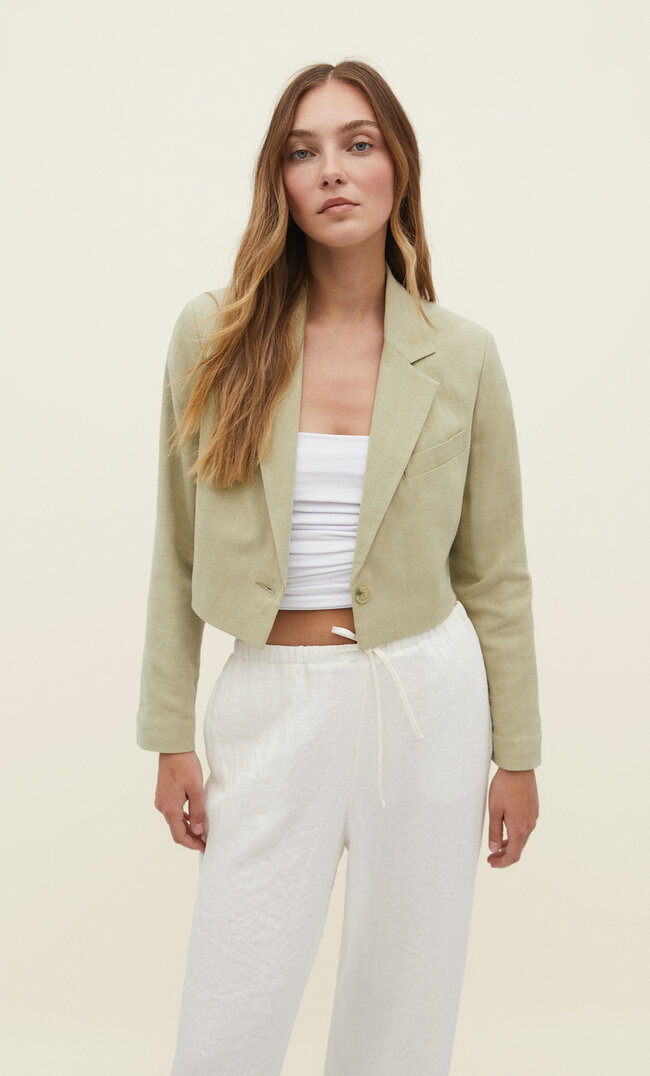 Stradivarius Cropped-Blazer mit Leinenanteil Khaki S