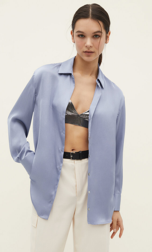 Stradivarius Satinbluse Mit Reverskragen Himmelblau Xl