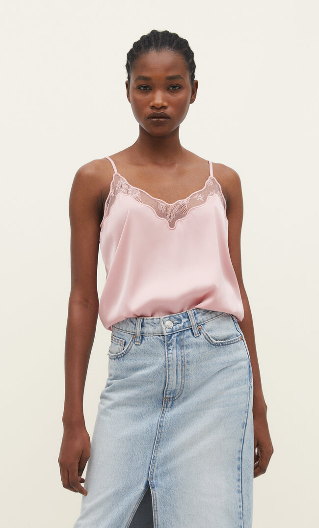 Stradivarius Satynowy top z koronką Pastelowy róż L