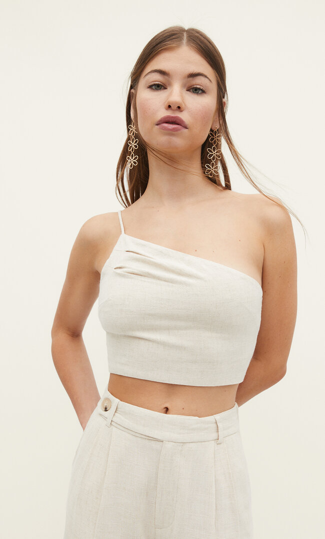 Stradivarius Asymmetrisches Top Mit Leinenanteil Steingrau L