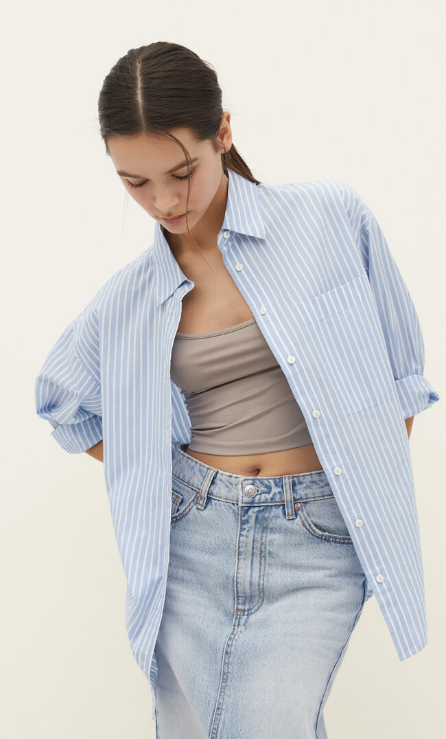 Stradivarius Cămașă Din Poplin Daily Azuriu M Azuriu imagine megaplaza.ro