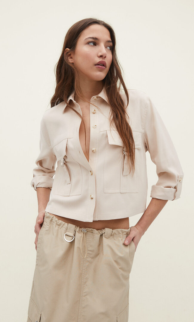 Stradivarius Kurze Utility-Hemdjacke Steingrau L