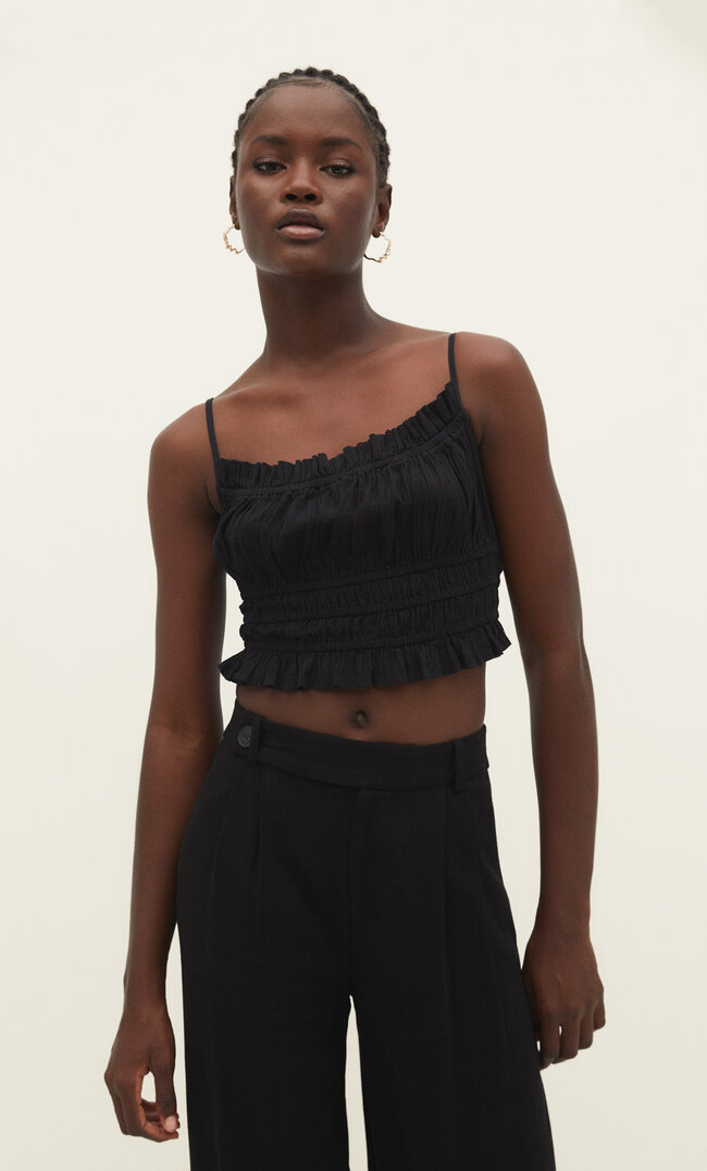 Stradivarius Marszczony top w rustykalnym stylu Czarny XS