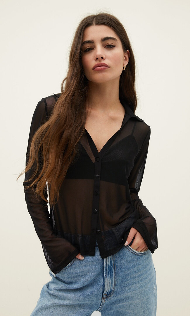 Stradivarius Tüllbluse Schwarz Xs