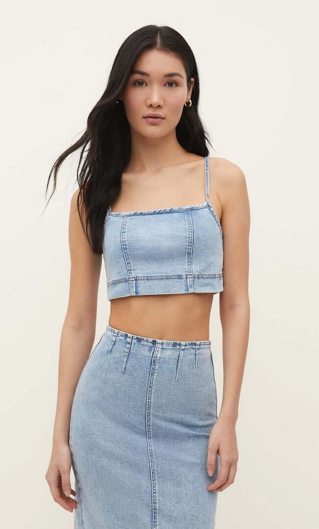 Stradivarius Top Denim Cu Bretele Denim Decolorat Xl Bretele imagine reduceri