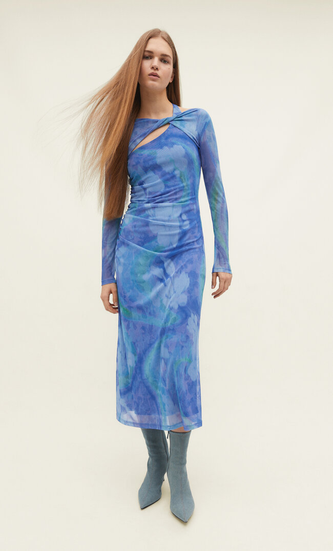 Stradivarius Tüll-Midikleid Mit Print Mittelblau Xl