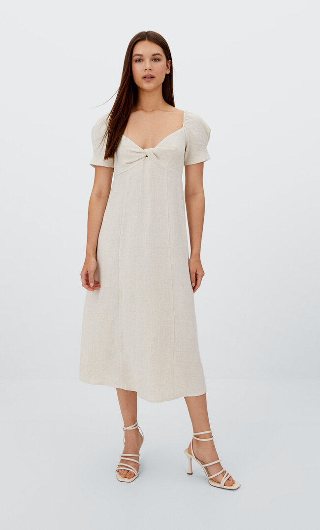 Stradivarius Rustikales Midikleid Mit Knoten Am Ausschnitt Steingrau Xs